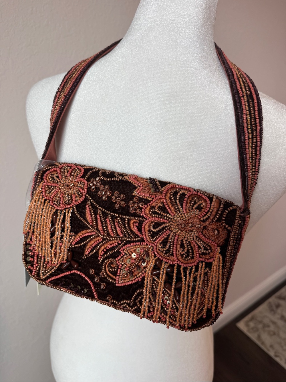 NWT From India To You Brown Beaded Floral Shoulder Bag
